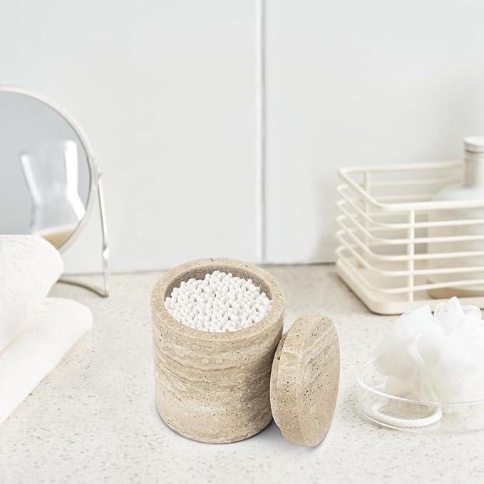 N NANSHOP Natural Marble Canister, Cotton Swab Holder with Lid, Marble Toothbrush Holder Qtip Holder Storage for Cotton Swab, Floss Picks, Makeup Pad, Bath Salt, Beige White Travertine(NS019) - ModernBath