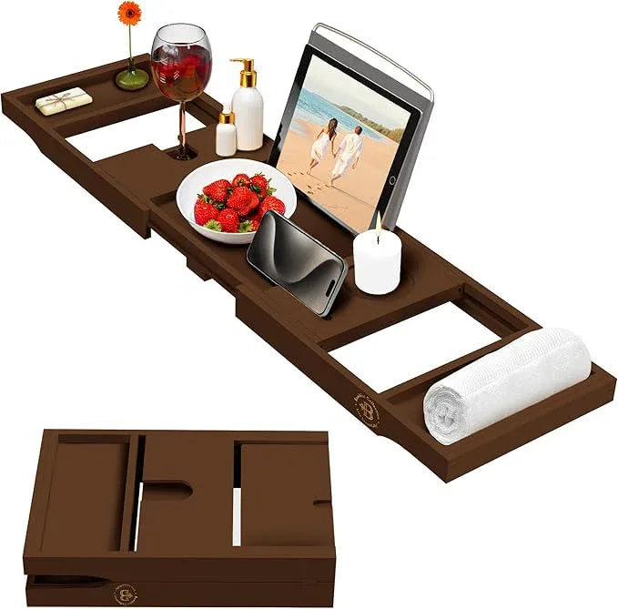 Wooden Bathtub Tray - Foldable & Expandable Bamboo Bath Tray for Tub with Wine Holder, Book & Tablet Stand - Bath Caddy Tray for Bathtub, Spa Bath Accessories, Tub Tray Table, (Brown) - ModernBath