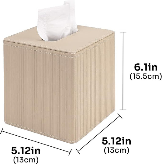 DODAMOUR Vertical Stripe Tissue Box Cover Cube – Ribbed PU Leather Square Holder, Magnetic Bottom Napkin Dispenser for Modern Home Office, Bedroom Nightstand (Khaki)