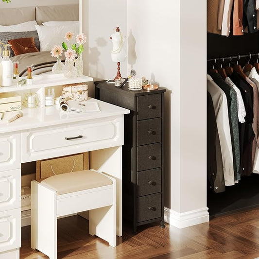 Narrow Dresser, 19" Wide Narrow Nightstand Dresser Storage Tower with 5 Drawers, Slim Fabric Dressers Chest of Drawers for Small Spaces, Wood Top & Fabric Bins for Bedroom Bathroom Closet (Black)