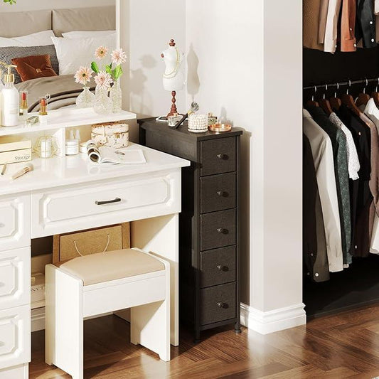 Narrow Dresser, 19" Wide Narrow Nightstand Dresser Storage Tower with 5 Drawers, Slim Fabric Dressers Chest of Drawers for Small Spaces, Wood Top & Fabric Bins for Bedroom Bathroom Closet (Black) - ModernBath