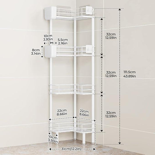 Orimade Rustproof 4 Tier Floor Standing Corner Shower Caddy Organizer with Toothbrush Holder, Large Spacing Floor Shower Shelf Rack Storage Stands with Hooks for Bathroom Kitchen, White - ModernBath