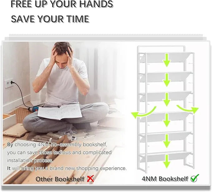 4NM No Assembly 6 Tiers Folding Bookshelf Storage Shelves Vintage Bookcase Standing Racks Study Organizer Home Office (All White) - ModernBath