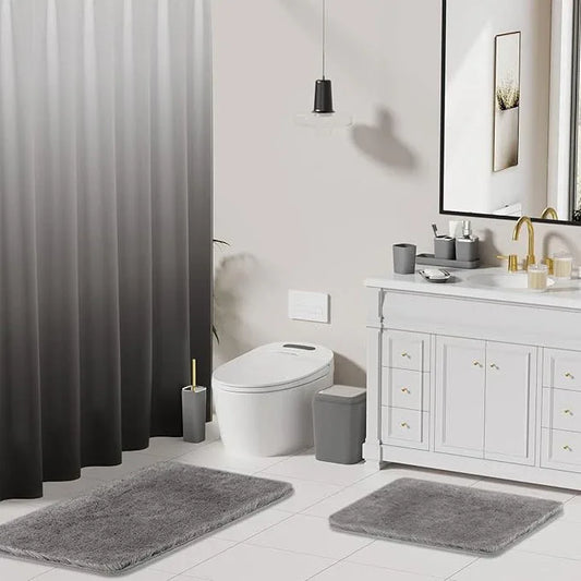 XLHOMO Grey Bathroom Accessories Set, Bathroom Sets with Shower Curtain and Rugs, Trash Can, Tray, Soap Dispenser, Soap Dish, Toothbrush Holder, Toothbrush Cup,Toilet Brush and Qtip Holders for Home - ModernBath