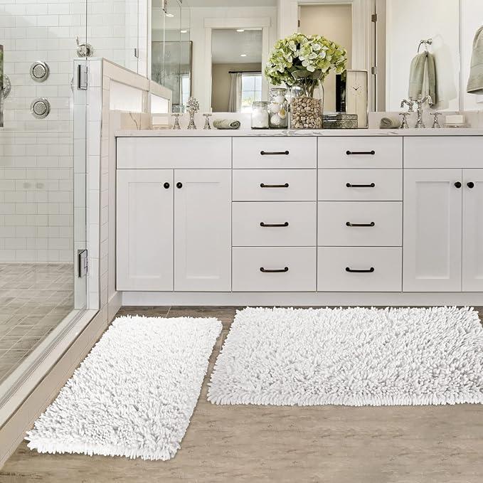 Yimobra Bathroom Rug Set 2 Piece, Luxury Shaggy Bath Mat Set with Non Slip Backing, Ultra Soft & Absorbent Mats for Bathroom Floor, Machine Washable, 44"x24"+24"x17", White - ModernBath