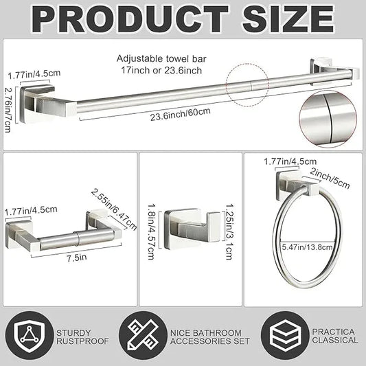 Gisafai 15 Pcs Bathroom Hardware Set, Towel Bar Set Stainless Steel Bathroom Accessories 23.6/16 Inches Towel Bar Ring Robe Hooks Toilet Paper Holder Wall Mounted (Silver) - ModernBath