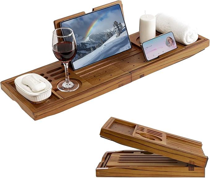 Luxury Teak Bathtub Tray - Foldable Bath Caddy with Expandable Handles, Wine Glass & Phone Holder, Book Stand - Enhance Home Spa Experience with Natural Material - Relaxing & Reading, Teak - ModernBath