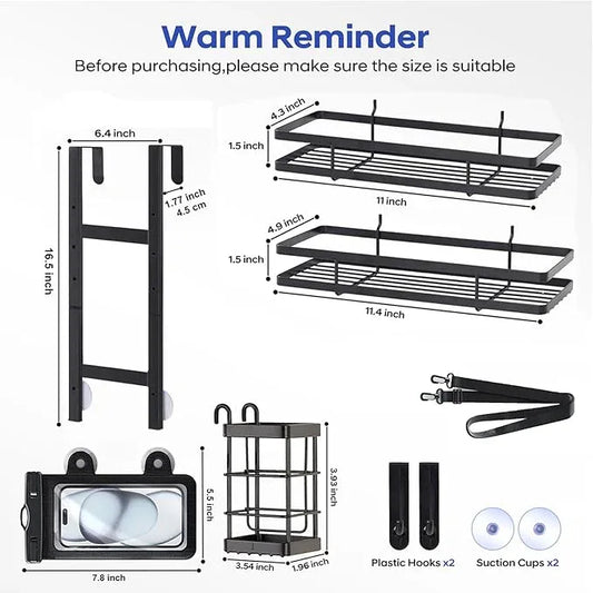 WEYALLE Over the Door Shower Caddy Hanging, Rustproof Shower Shelves with Waterproof Phone Pouch, 2-Tier Adjustable Bathroom Organizers and Storage, No Drilling Shower Shelf, Black Shampoo Soap Holder - ModernBath