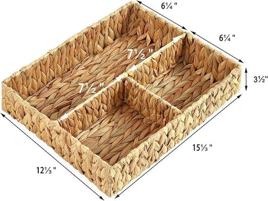 Vagusicc Wicker Divided Storage Basket, Hand-Woven Water Hyacinth Wicker Baskets, Basket for Drawer Organizing, 3 Section Rectangular Woven Storage Baskets, 2-Pack - ModernBath