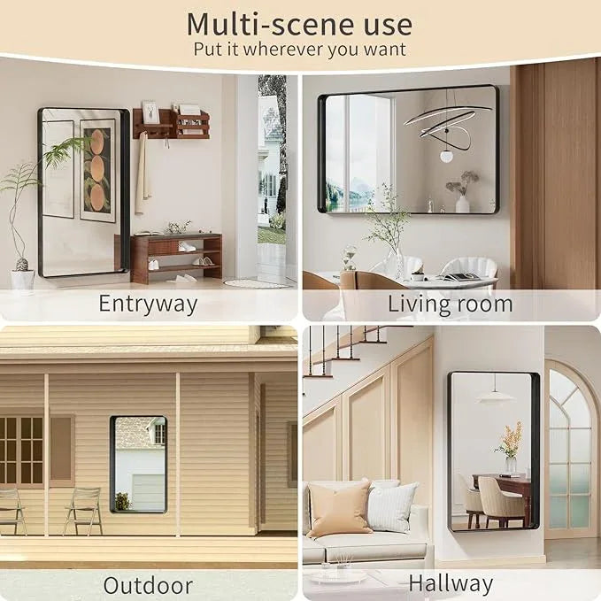 Koonmi Black Wall Mirror for Bathroom, 36x60 Inch Matte Deep Framed Rounded Rectangle Vanity Mirror for Farmhouse Living Room, Tempered Glass, Anti-Rust, Vertically or Horizontally - ModernBath