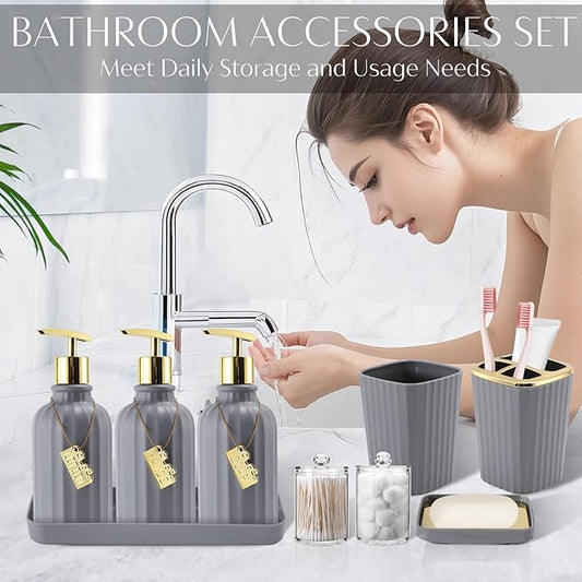 WSBArt 17PCS Bathroom Accessory Set Bathroom Set Grey Bathroom Accessories,Toilet Brush,Trash Can, Qtip Holder Dispenser& 3PCS Soap Dispenser
