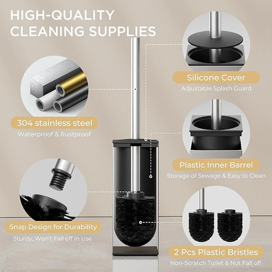 FORIOUS Toilet Brush and Holder Set, Heavy Duty 304 Stainless Steel Base Square and Long Handle for Bathroom Deep Cleaning, Drip-Proof, Space Saving for Storage, 2 Toilet Bowl Brush Head