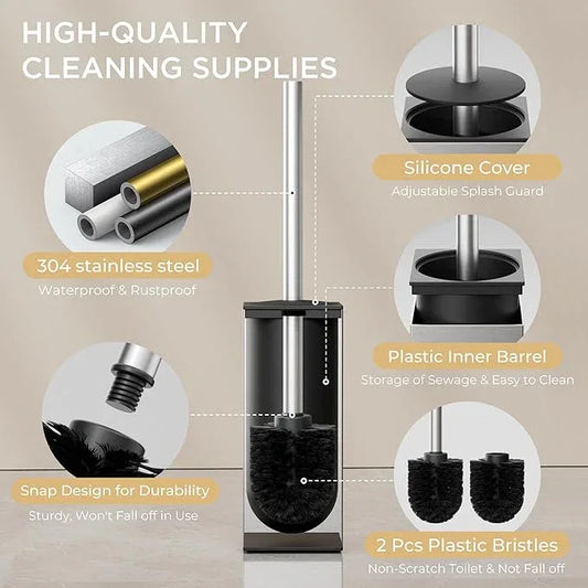 FORIOUS Toilet Brush and Holder Set, Heavy Duty 304 Stainless Steel Base Square and Long Handle for Bathroom Deep Cleaning, Drip-Proof, Space Saving for Storage, 2 Toilet Bowl Brush Head - ModernBath