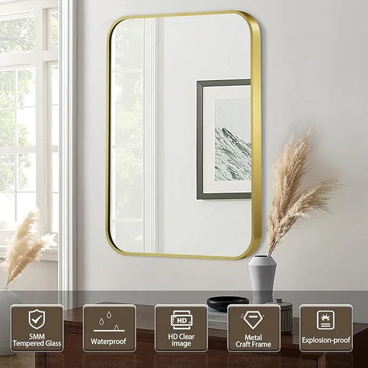 CLBA Matte Gold Mirror, 16x24 Inch Brushed Gold Mirror, Aluminum Alloy Framed Vanity Mirror, Rounded Rectangle Bathroom Mirror for Over Sink, Anti-Rust Wall Mirror (Horizontally or Vertically) - ModernBath