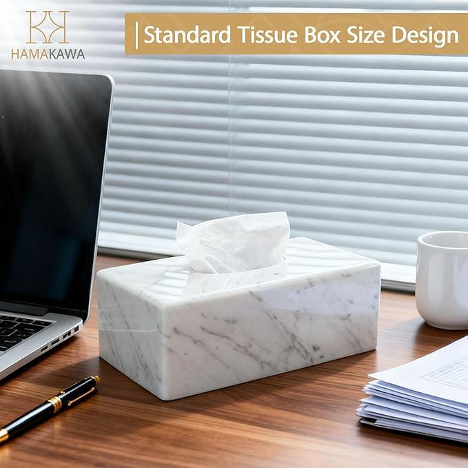 HAMAKAWA Natural Marble Tissue Box Cover, Carrara White Tissue Organizer 10 x 5.7 x 3.5 inch, Heavy Stone Decorative Box, Rectangle Tissue Box Holder for Home Decor, Kitchen, Bathroom, Bedroom - ModernBath