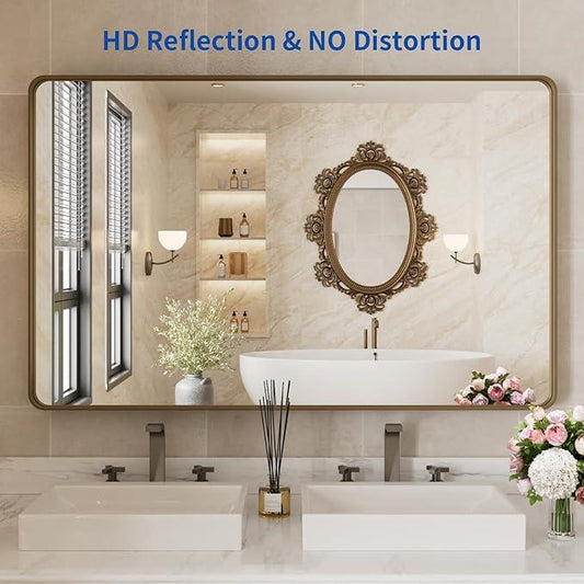 WEER 48x30 Inch Bronze Bathroom Mirror for Vanity, Brushed Bronze Metal Frame Mirror for Wall, Rounded Rectangle Bronze Frame Mirror with Tempered Glass, Anti-Rust (Horizontal/Vertical) - ModernBath