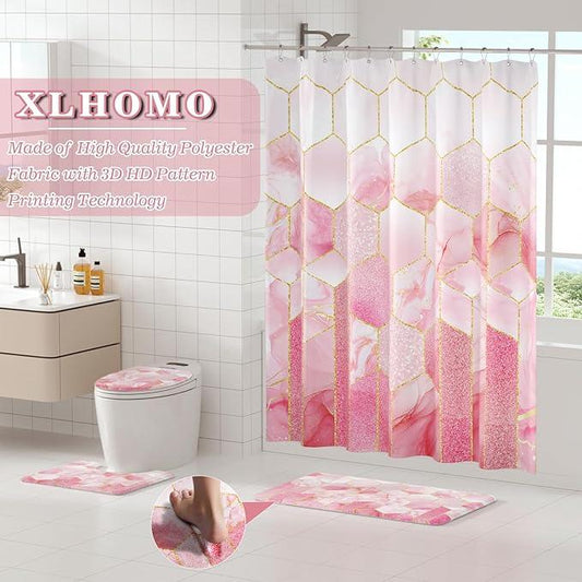 XLHOMO Bathroom Sets with Shower Curtain and Rugs - 4PC Pink Geometric Shower Curtain Set with 12 Hooks, Toilet Cover, U-Shaped Mat and Rugs Modern Abstract Bathroom Accessories for Bathroom - ModernBath