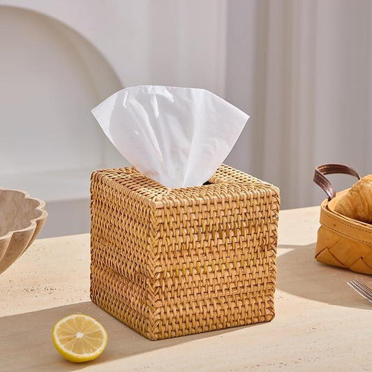 Hand-Woven Rattan Tissue Box Cover, Square Wicker Tissue Holder, Natural Woven Facial Napkin Holder - ModernBath