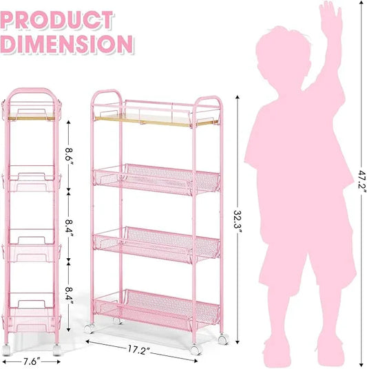 TOOLF 4-Tier Slim Rolling Cart, Metal Storage Cart with Wooden Tabletop and Mesh Baskets for Narrow Space on Kitchen Bathroom Laundry Room Bedroom Apartments Dormitory - ModernBath