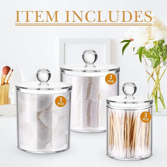 Meanplan 9 Pack Plastic Apothecary Jars with Lids Acrylic Holder Dispenser for Bathroom, 10/22/39 oz Clear Plastic Storage Jars Floss Container for Swab Cotton Ball, 3 Sizes (Acrylic Lid)