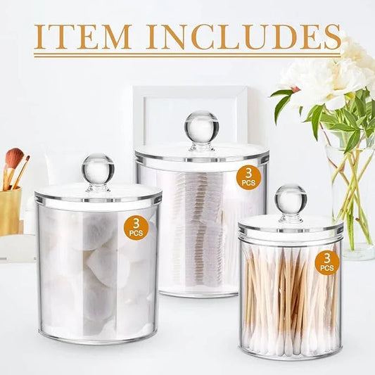 Meanplan 9 Pack Plastic Apothecary Jars with Lids Acrylic Holder Dispenser for Bathroom, 10/22/39 oz Clear Plastic Storage Jars Floss Container for Swab Cotton Ball, 3 Sizes (Acrylic Lid) - ModernBath