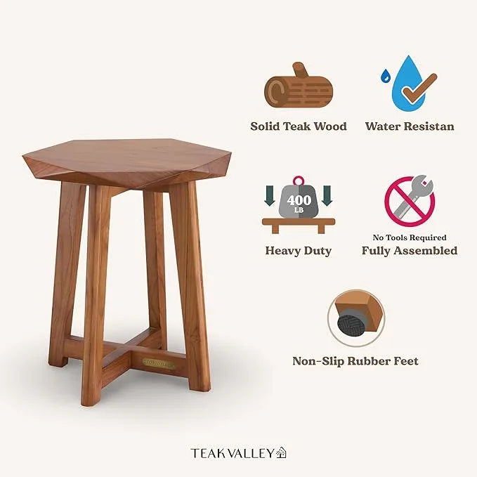 TEAK VALLEY Fully Assembled Teak Shower Stool, Teak Shower Bench, Shower Seat, Plant Stand, Side Table, Side Accent, 17.7" - ModernBath