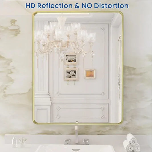 WEER Gold Bathroom Mirror, 28X36 Inch Brushed Gold Metal Frame Mirror, Rounded Rectangle Gold Bathroom Vanity Mirror for Wall, Tempered Glass, Anti-Rust, Hangs Horizontally or Vertically - ModernBath