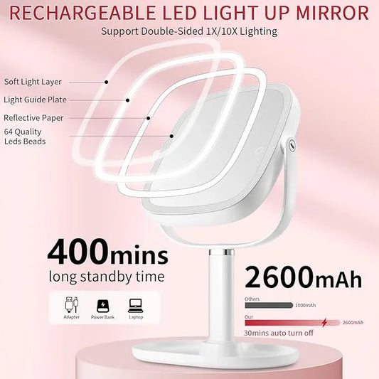 Lighted Makeup Mirror, 2600mAh Rechargeable 1x/10x Magnifying Vanity Mirror, 8.5" Height Adjustable Makeup Mirror with Lights 3 Color, 360° Rotation 2-Sided Light up Large Desk Mirror, Gifts for Women - ModernBath