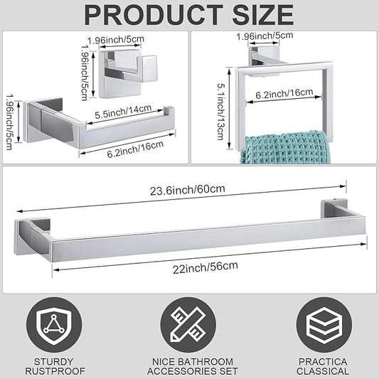 Gisafai 20 Pcs Silver Bathroom Hardware Accessories Set 23.6 Inch Bath Towel Bar Kit Stainless Steel Bathroom Hardware Set Towel Racks Ring Robe Hooks Paper Holder for Wall Mounted