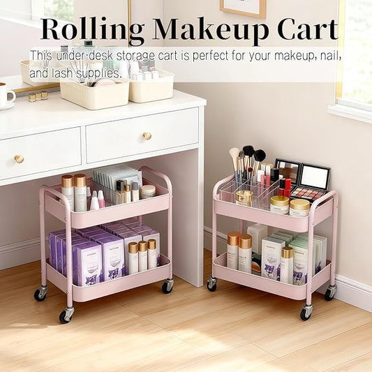 2 Tier Pink Rolling Cart with Wheels for Under Desk Storage, Large Capacity Rolling Pantry & Kitchen Storage Cart for Small Space, Sturdy Metal Bathroom Shelf Laundry Room Organization