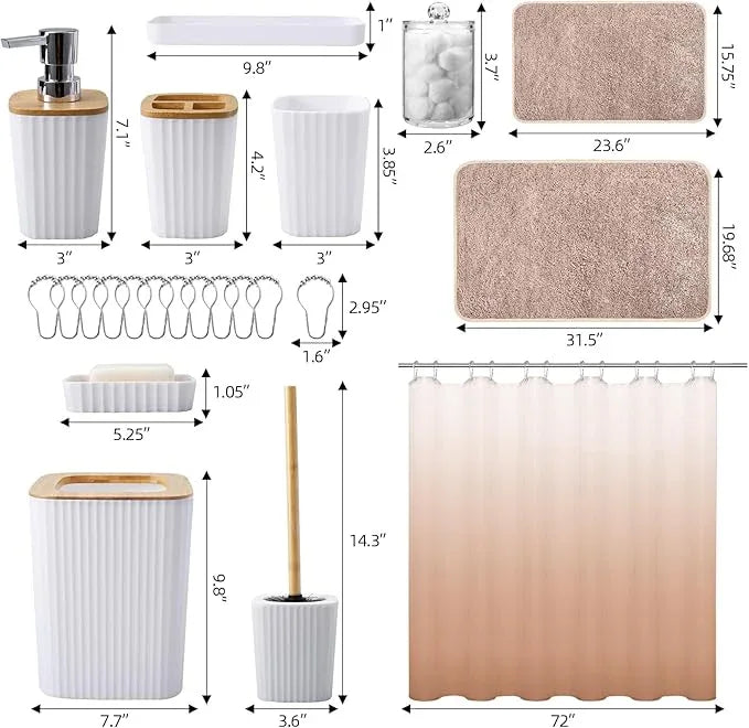 XLHOMO 24Pcs White and Gold Bathroom Set with Shower Curtain and Rug, White Bathroom Sets Complete with Trash Can,Soap Dispenser,Soap Dish,Toilet Brush,Toothbrush Holder and Cup,Tray,Q-Tip Holders - ModernBath