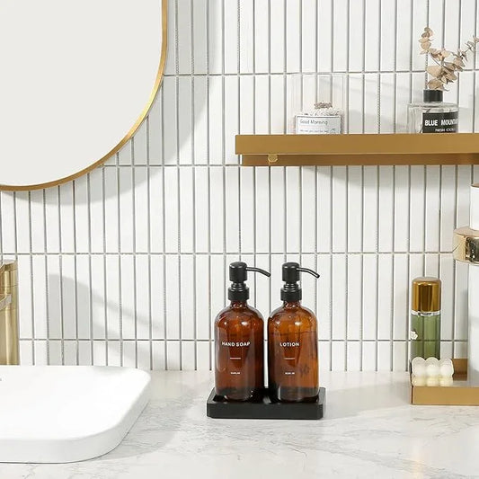 Prus Waso Amber Glass Soap Dispenser Set, Hand Soap and Lotion Set with Black Stainless Steel Pump, Perfect for Modern Bathroom Decor. (Amber) - ModernBath