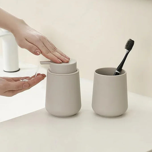 YAUKPH Matte Beige Bathroom Accessories 2 Piece Set Plastic Soap Dispenser and Toothbrush Holder for Modern Bathroom Decor - ModernBath