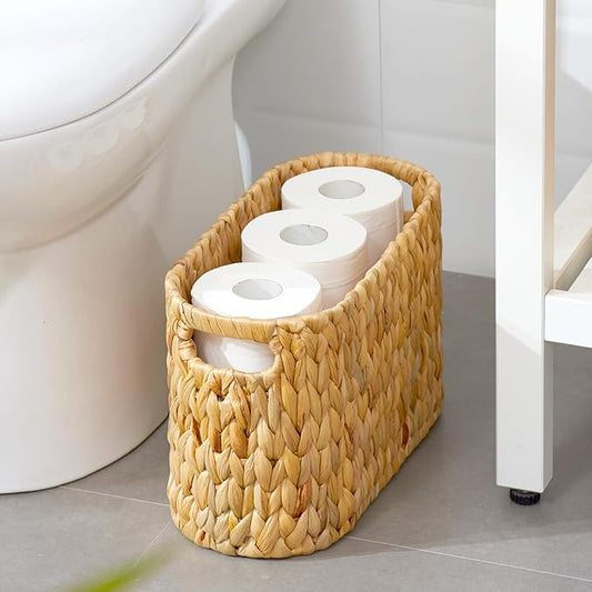 ELONG HOME Toilet Paper Storage Basket, Water Hyacinth Wicker Storage Holder for 6 Rolls Toilet Paper with Built-in Handles
