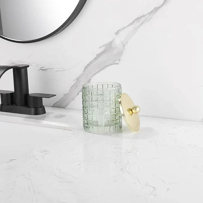 Indecor Home Sage Colored Tranlucent Apothecary Etched Geometric Grid Glass Jar W/Gold Metal Lid Cover for Bathroom Organization, Cotton Balls, Q Tips, and Small Accessories, Bathroom Storage - ModernBath