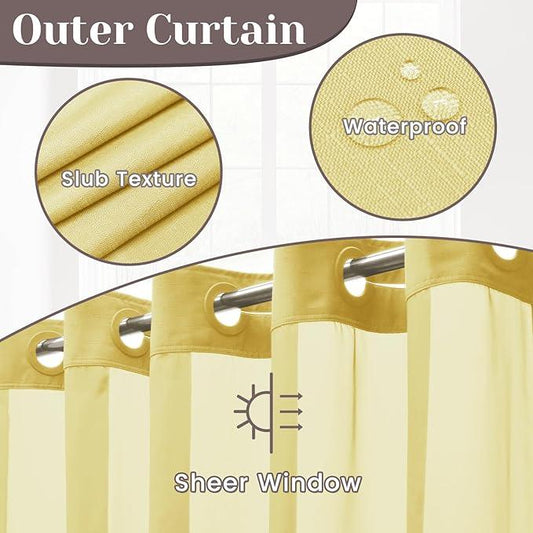 SORTTO No Hook Slub Textured Shower Curtain with Snap in Liner - Yellow Fabric Outer Curtain & Waterproof Inner Liner, Hotel Style with See Through Top Window, 71x74 in - ModernBath