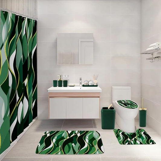 XLHOMO Bathroom Set - Green and Gold Bathroom Accessories, Bathroom Sets with Shower Curtain and Rugs, Green Shower Curtain Set with Bathroom Trash Can, Soap Dispenser, Soap Dish for Home Decor