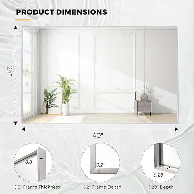 Bonverre 24x40 Inch Nickel Bathroom Mirror for Wall, Aluminum Frame Rectangle Rectangular Vanity Mirror, Modern Large for Bedroom, Living Room, Horizontal or Vertical - ModernBath