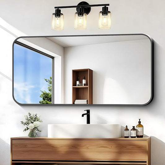 BONEWEI 20x40 inch Bathroom Mirror,Black Rectangle Mirror,Wall Mounted Bathroom Frame Vanity Mirror with Round Corner for Bedroom Living Room,Entryway Hangs Horizontal or Vertical