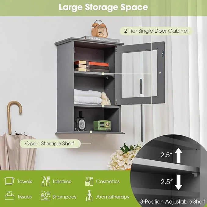 LOKO Bathroom Medicine Cabinet, Over The Toilet Storage Organizer with Adjustable Shelf, Modern Wall Mounted Storage Cabinet with Tempered Glass Door for Living Room, Entryway (Grey) - ModernBath