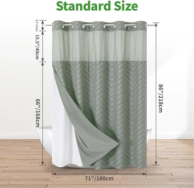 eachope Extra Long No Hook Tufted Chevron Striped Shower Curtain with Snap-in Fabric Liner set-71Wx86H(84H),Sage Green Hotel Grade Boho Style Shower Curtain,Water Repellent - ModernBath
