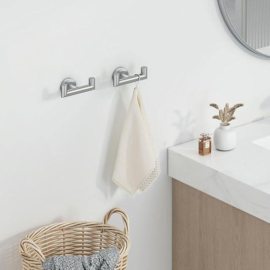 Angle Simple Towel Hook Brushed Nickel 2 PCS, SUS304 Stainless Steel Double Robe Hook, Bathroom Towel Holder, Wall Mount - ModernBath
