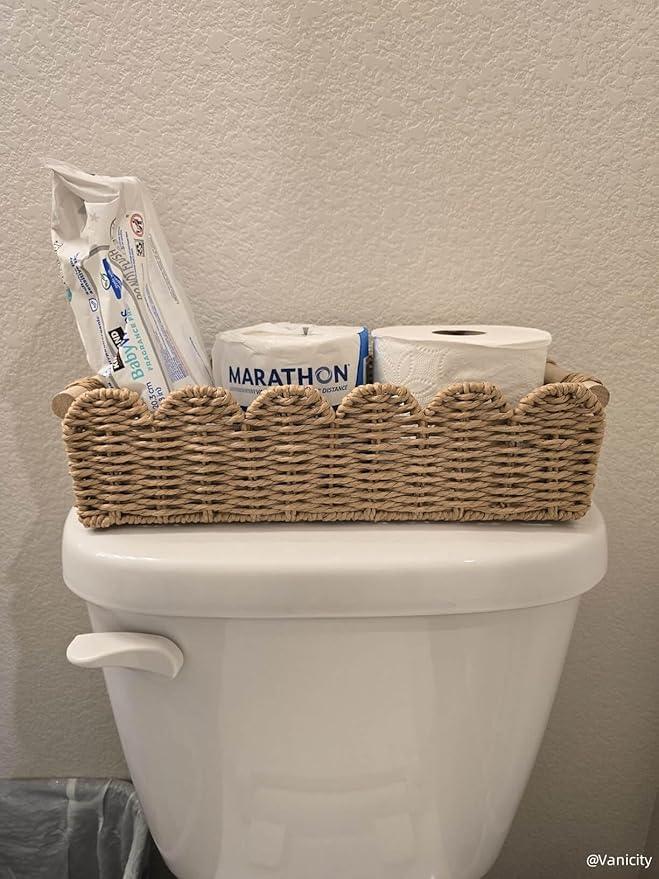 CubesLand Paper Rope Scalloped Edge Toilet Paper Storage Basket, Small Living Room, Bedroom Decor Baskets for Over Toilet Storage Shelf, End Table, Shelves and More, with 2 Wooden Handle, Neutral - ModernBath