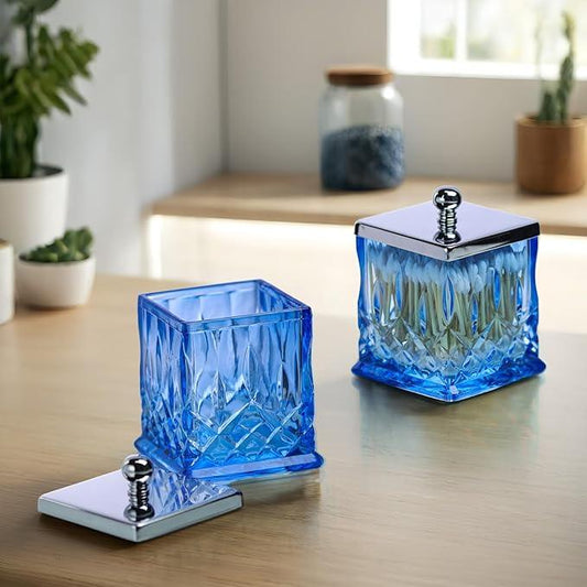 ZIVQEXMURL Qtip Holder,15Oz Blue Glass Apothecary Jars with Silver Lids for Bathroom Organization & Desk Storage,Thick Glass Apothecary Jars for Q-Tips,Cotton Rounds,Jewelry,Candy,Square - ModernBath