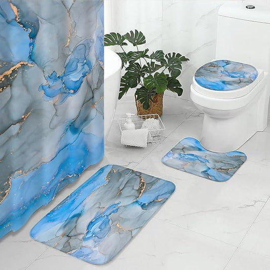 Gibelle 4 Pcs Bathroom Shower Curtain Set with Non-Slip Rugs, Toilet Lid Cover and Bath Mat, Blue Grey Marble Bathroom Decor Set with Shower Curtain and Rugs and Accessories - ModernBath