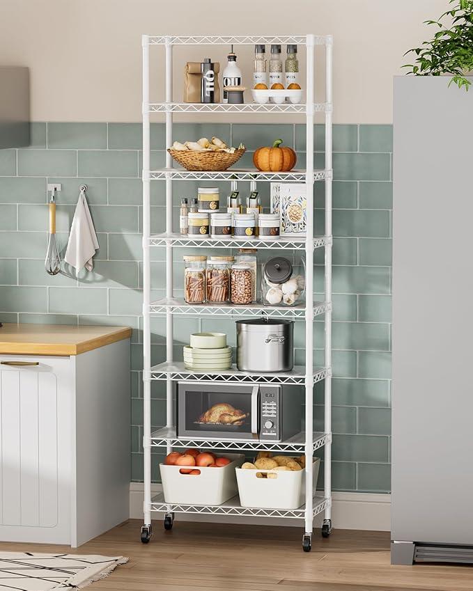 8 Tier Shelves Storage Shelf Wire Closet Bathroom Organizers Metal Pantry Kitchen Garage Shelving Unit Laundry Room Organization Home Rack Net Basket Black with Wheels 12”D X 22”W X 74.2”H - ModernBath