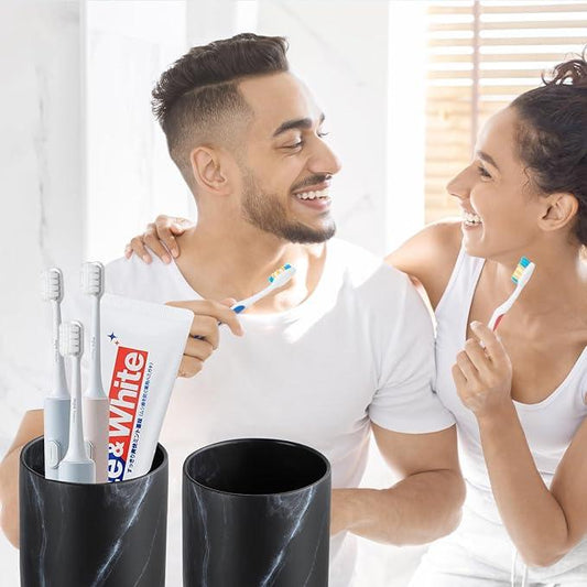 Marble Black Toothbrush Holders for Bathrooms - 2 Cups Ceramic Toothbrush Toothpaste Holders Set, Bathroom Tumbler Cups Reusable Toothbrush Cup Black Mouthwash Cup, Bathroom Counter Organizer - ModernBath