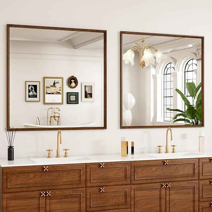 JISOSO Bathroom Vanity Mirror 36x36 Inch, Walnut Rectangle Bathroom Mirror, Anti-Rust, 4MM Tempered Glass, Wall-Mounted Mirror, Hangs Horizontally or Vertically for Bathroom & Bedroom - ModernBath