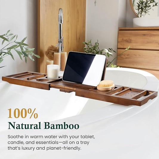 Realgulf Bamboo Bathtub Tray, Bath Caddy with Wine Glass Holder, Phone Dock & Book Stand | Hands-Free Reading & Ultimate Spa Relaxation Experience-Brown - ModernBath