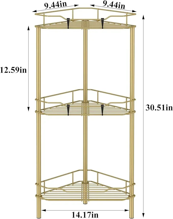 3 Tier Floor Standing Corner Shower Caddy Organizer Shelf with Hooks, Bathroom Shelves Stand Rack, Gold - ModernBath